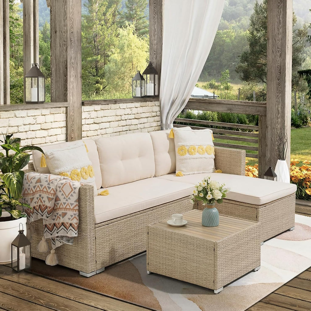 JOIVI 3 Piece Patio Furniture Set, L Shaped Wicker Rattan Outdoor Sectional Couch Conversation Set with Cushions & Wooden Top Coffee Table, All Weather Patio Sofa Set for Balcony or Porch, Beige