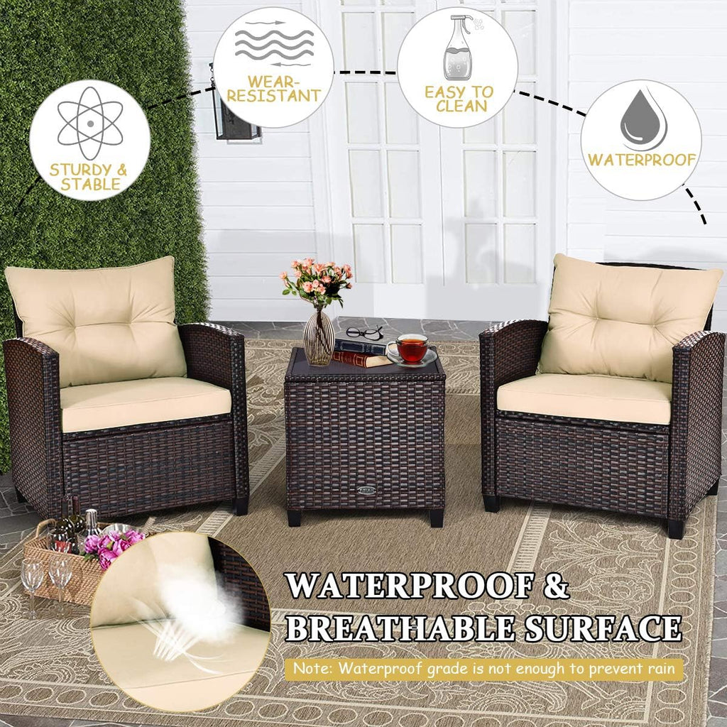 COSTWAY 3PCS Patio Furniture Set, PE Rattan Wicker Sofa w/Washable Cushion and Coffee Table, Tempered Glass Tabletop, Outdoor Conversation Set for Balcony, Porch, Yard, Backyard, Lawn, Beige