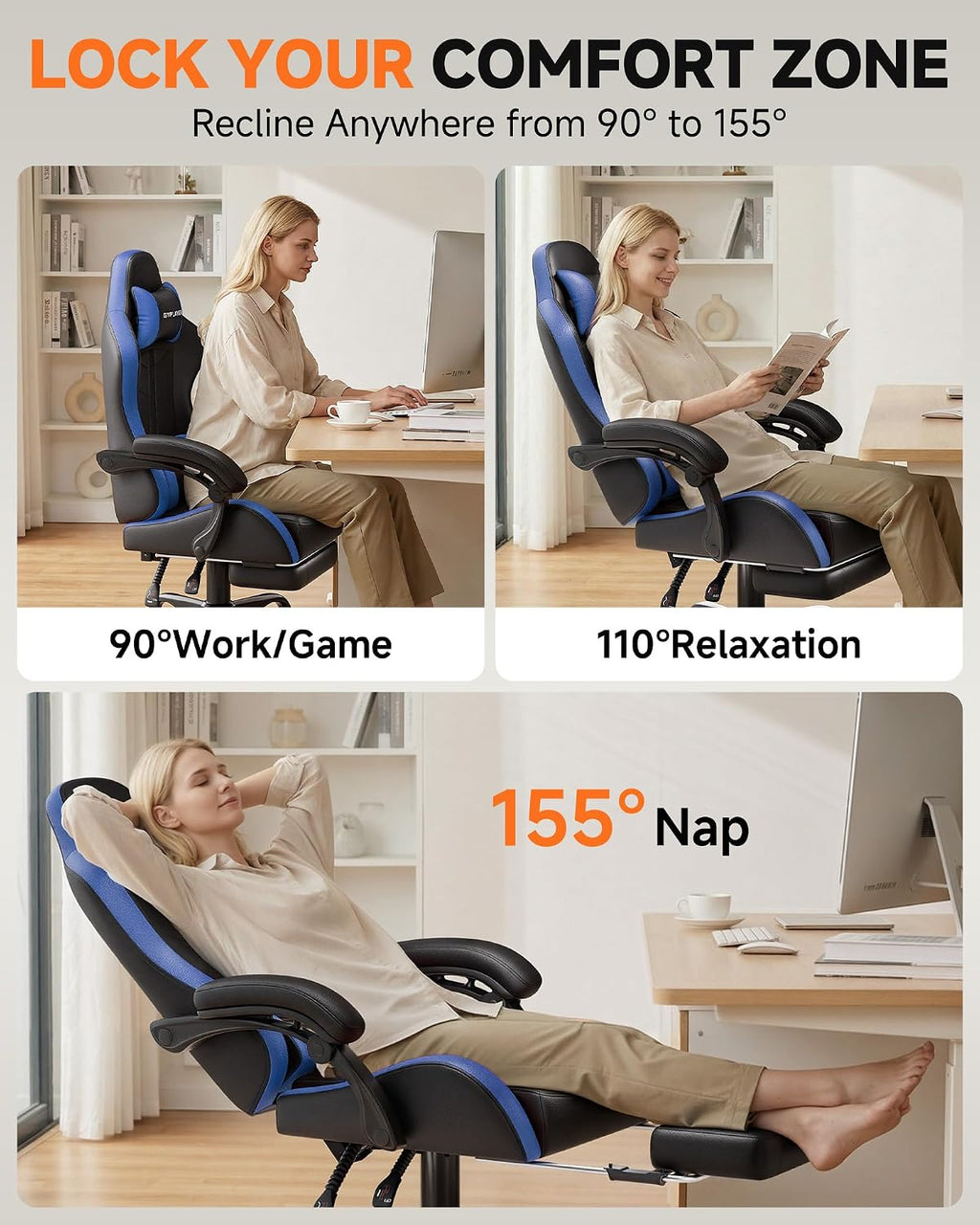 GTPLAYER Gaming Chair with Footrest, Computer Gaming Chair for Adults and Kids, Height Adjustable Gamer Chair with 90-155° Recline & Removable Headrest Lumbar Support, Dark Black-Blue