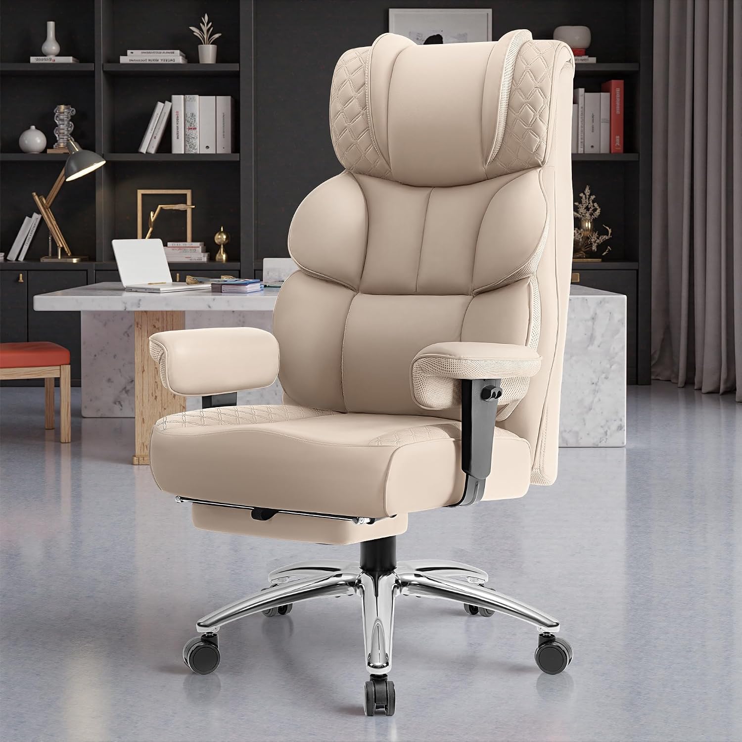 BestGlory Office Desk Chair, Big and Tall Leather Gaming Chair with Footrest, Wide Ergonomic Comfy Executive High-Back Reclining Computer Chairs, Swivel Rolling Wheels and Padded Lumbar Support, Beige