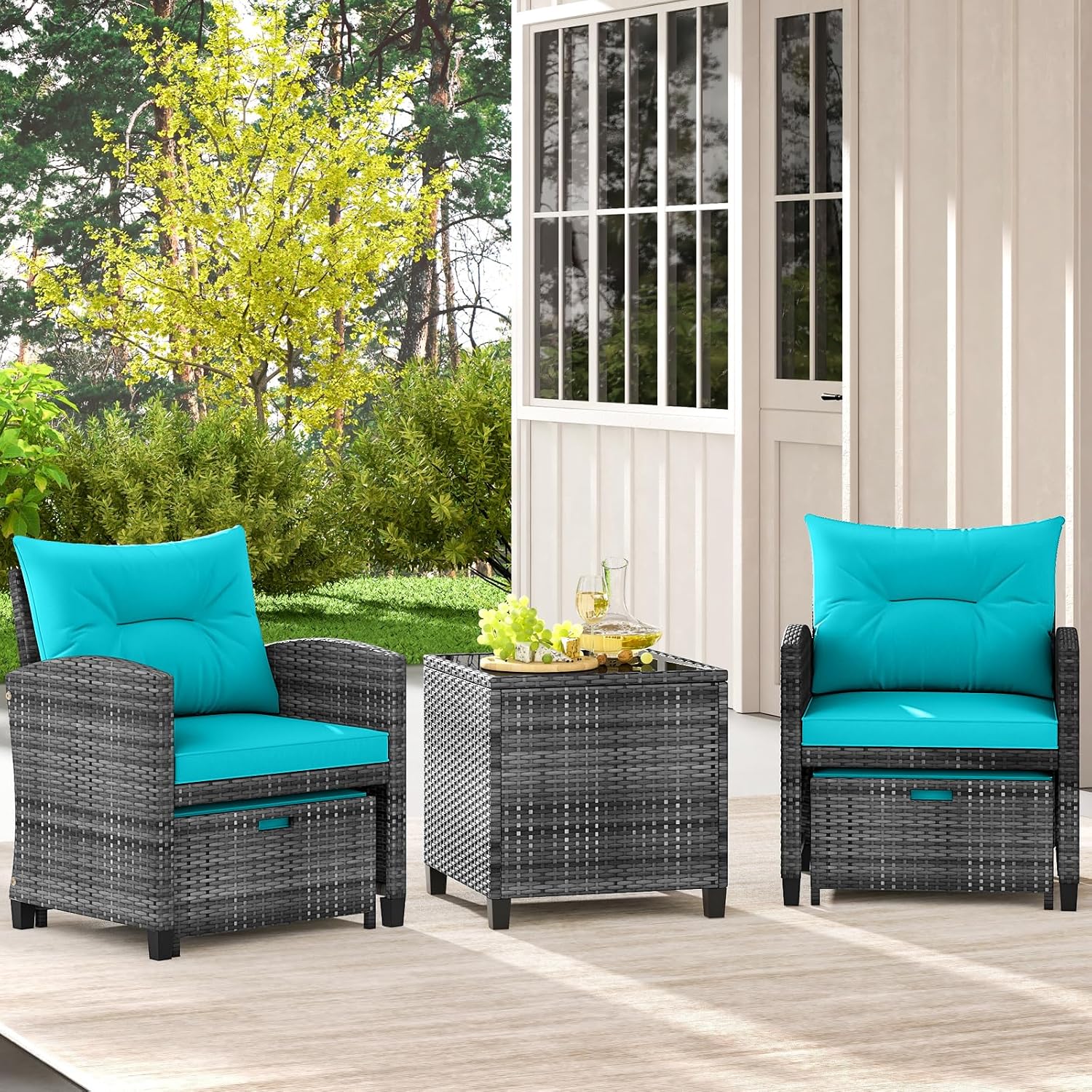 KOTEK 5 Pieces Patio Furniture Set with Ottomans, Wicker Patio Conversation Set with Coffee Table & Cushions, PE Rattan Outdoor Lounge Chairs for Backyard, Porch, Poolside (Mix Grey- Turquoise)