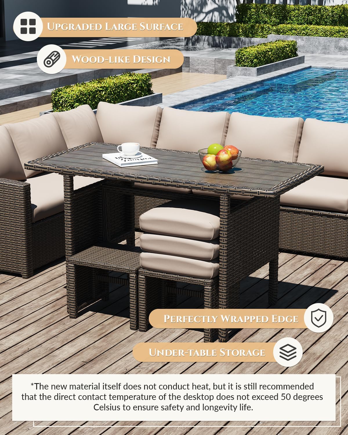 U-MAX 7 Pieces Patio Furniture Set with Waterproof Cover, Outdoor Sectional Sofa Conversation Set, All Weather Wicker Rattan Dining Table & Chair with Ottoman, Brown Rattan&Khaki Cushion