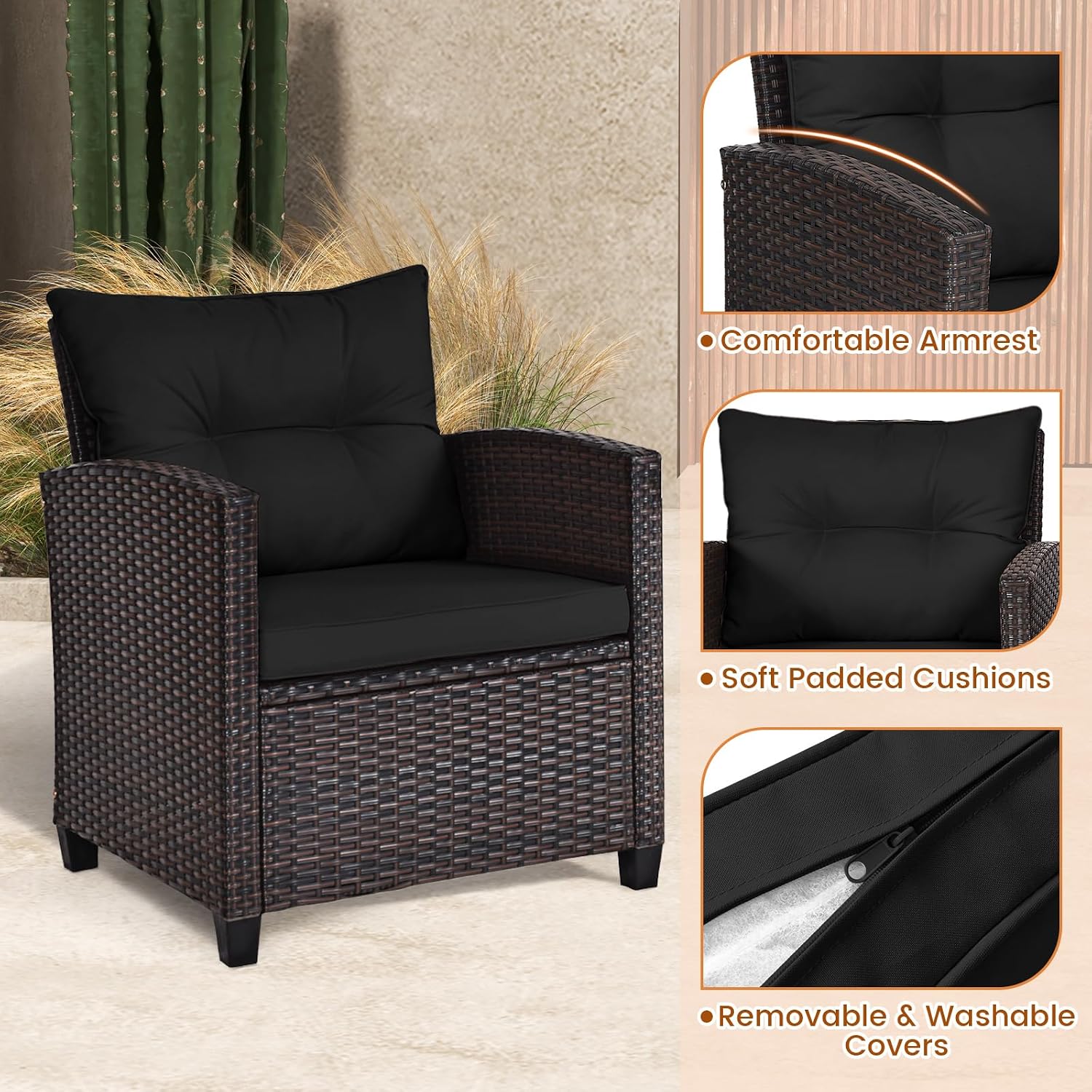 ORALNER 3 Pieces Patio Furniture Set, Outdoor Wicker Conversation Set Rattan Chairs with Cushions, Glass Coffee Table, Bistro Set for Front Porch Balcony Garden Deck Poolside (Black)