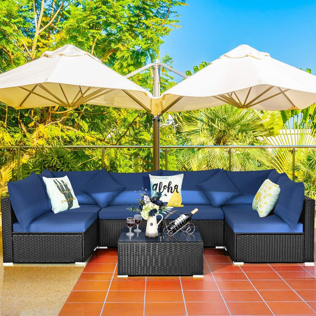 COSTWAY 7 Pieces Patio Furniture Set, Outdoor Rattan Conversation Set with 6 Seats, Coffee Tea Table, Soft Cushions, Wicker Patio Sectional Sofa for Garden Balcony Porch Poolside, Navy