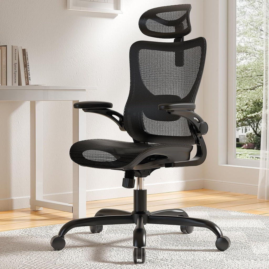 Marsail Ergonomic Mesh Office Chair High Back Home Office Desk Chair with Adaptive Lumbar Support, 2D Headrest, 3D Flip-Up Armrests, Height Adjustable and Rocking Tilt for Home Office and Gaming