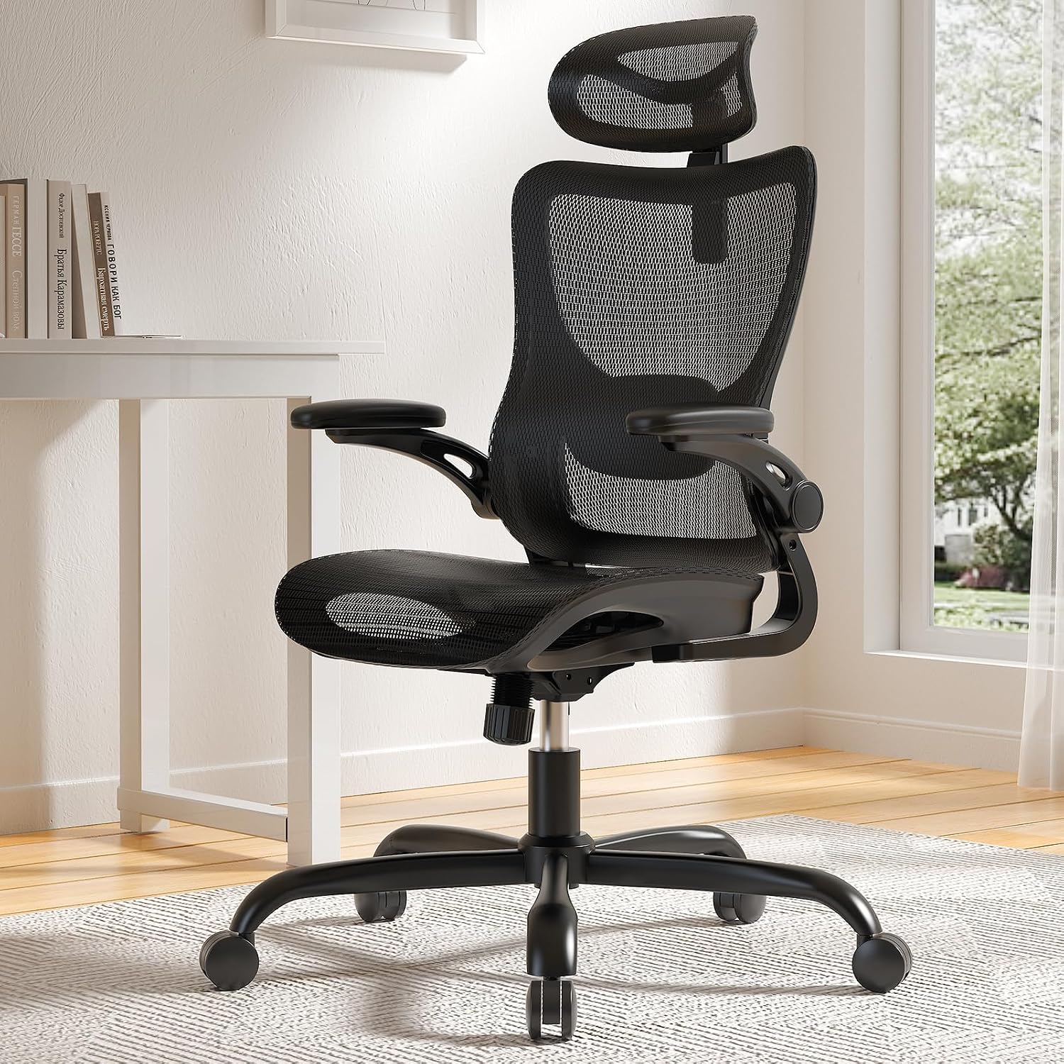Marsail Ergonomic Mesh Office Chair High Back Home Office Desk Chair with Adaptive Lumbar Support, 2D Headrest, 3D Flip-Up Armrests, Height Adjustable and Rocking Tilt for Home Office and Gaming