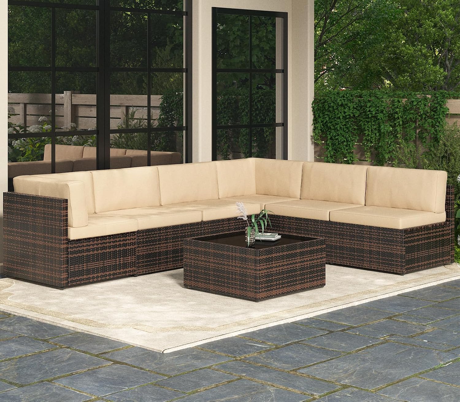 AECOJOY 7 Piece Outdoor Patio Furniture Set, Outdoor Sectional Conversation Furniture Chair with Coffee Table,Patio Sectional for Garden,Backyard(Khaki Cushions and Brown PE Rattan)