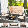 HOMREST 6 Pieces Patio Furniture Sets, Rattan Daybed with Retractable Canopy, Outdoor Sectional Sofa Set with Adjustable Backrest, Chaise Chair Sunbed for Garden Poolside Backyard(Khaki)