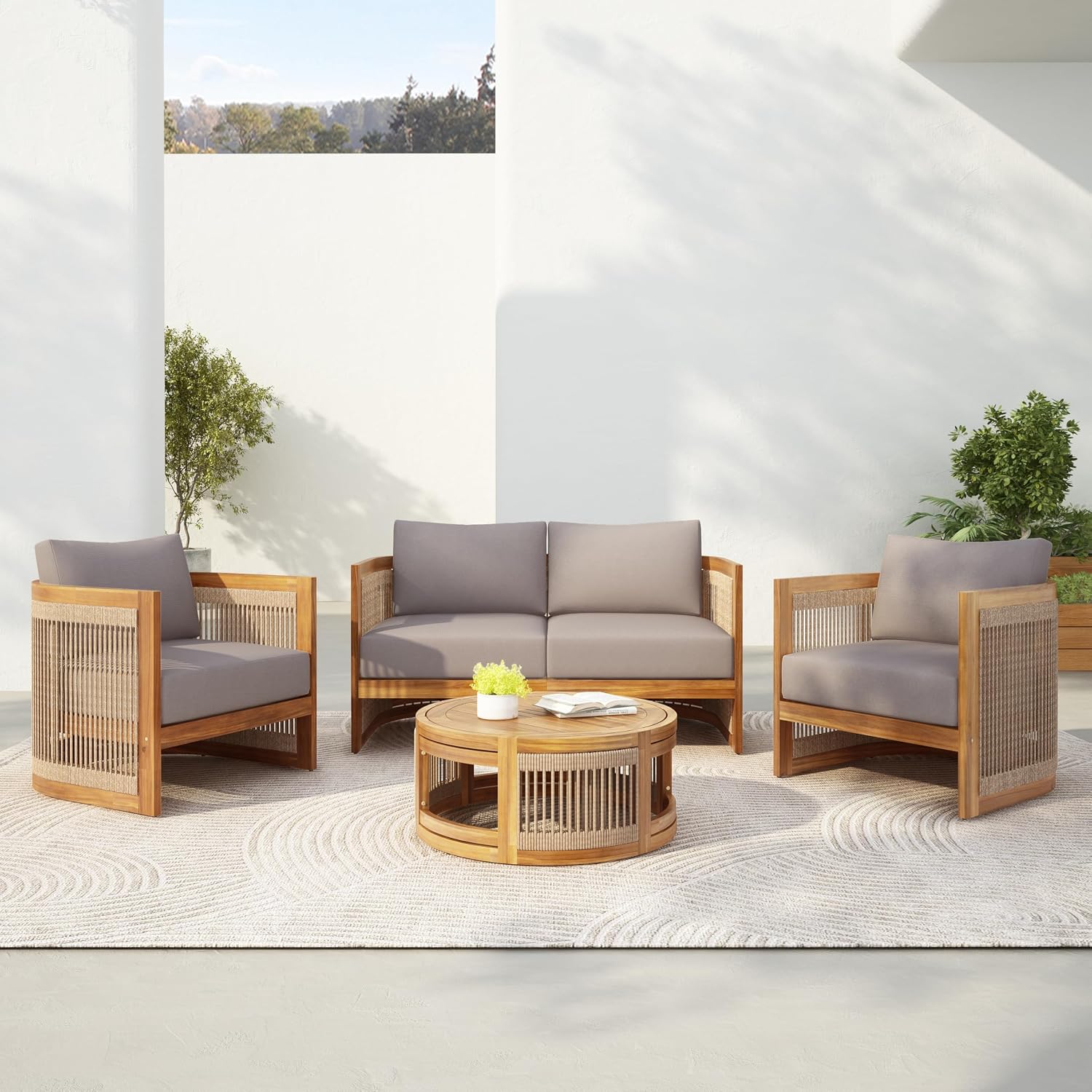 Christopher Knight Home Nesbit 4 Pieces Conversation Set, Acacia Wood Chat Set, Woven Rope Loveseat and Accent Chairs, Slat Panel Coffee Table, Patio Furniture Set for Backyard Balcony Garden, Gray