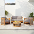 Acacia Wood Patio Multi-Person Sofa Set with Round Coffee Table and Woven Rope Accents, All-Weather Conversation Set Outdoor Seating Group for Garden Backyard Poolside Balcony (Teak+Grey)