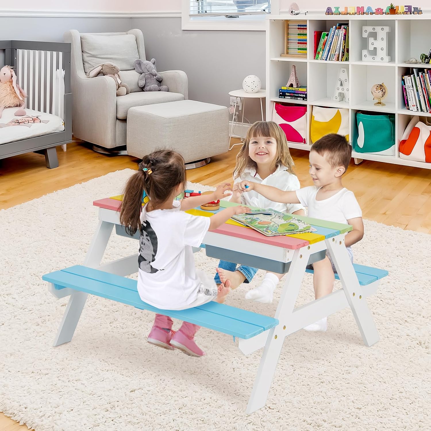 HONEY JOY Kids Picnic Table, 4 in 1 Cedar Wooden Sand & Water Table w/ 2 Removable Box & Umbrella, Kids Picnic Tables for Outdoors Backyard Garden, Toddler Patio Furniture Set for Boys Girls(Blue)