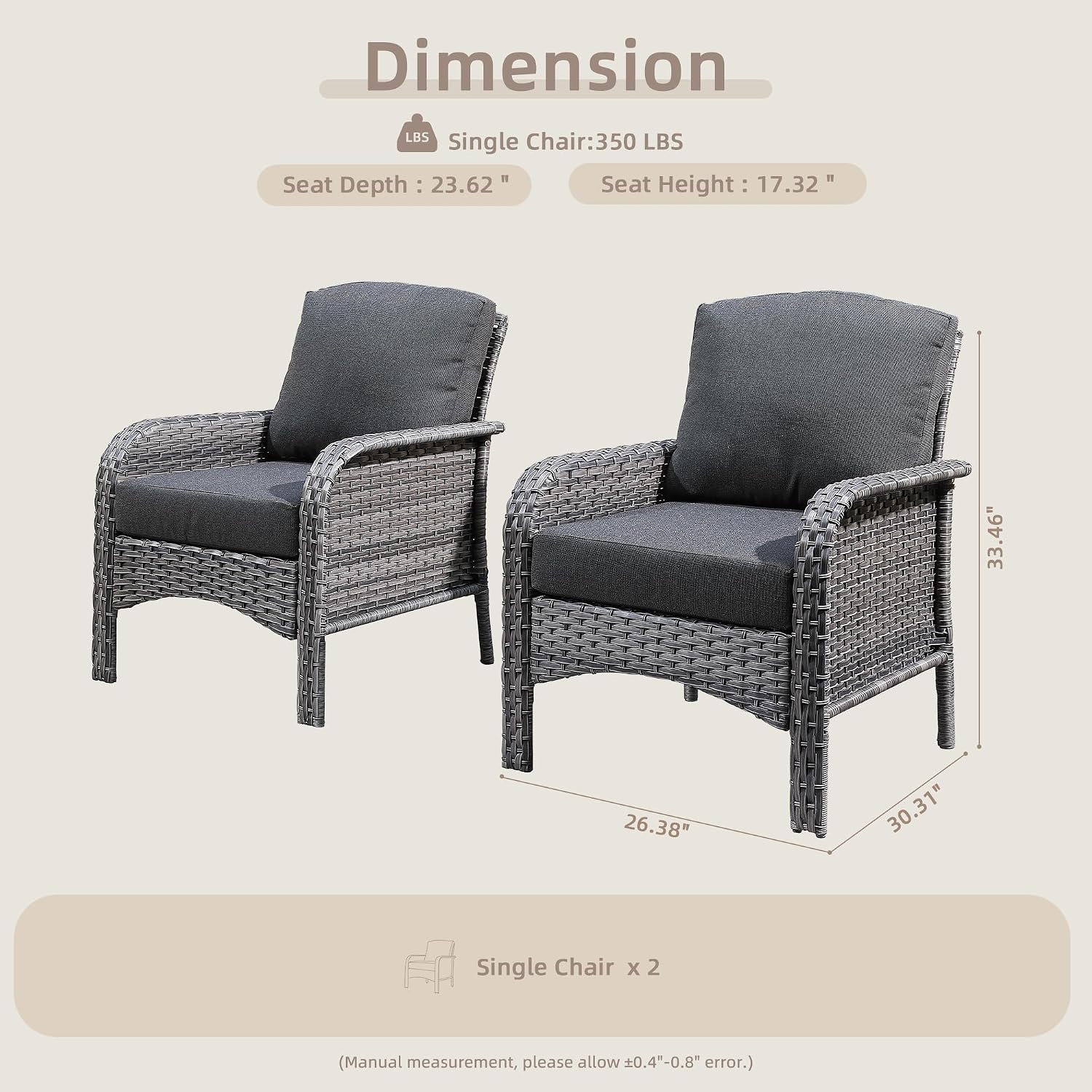 CAODOC 2 Pack Wicker Patio Furniture Chairs,Outdoor Rattan Chairs with Armrest Support 250 lb