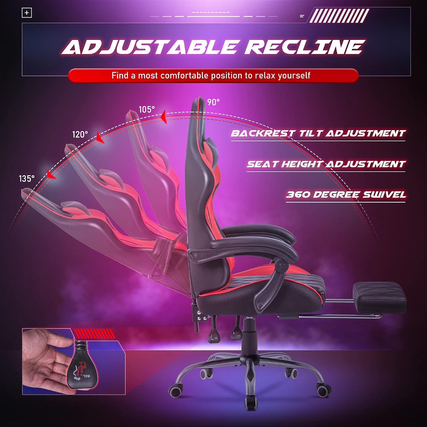 Homall Gaming Chair, Computer Chair with Footrest and Massage Lumbar Support, Ergonomic High Back Video Game Chair with Swivel Seat and Headrest (Red)