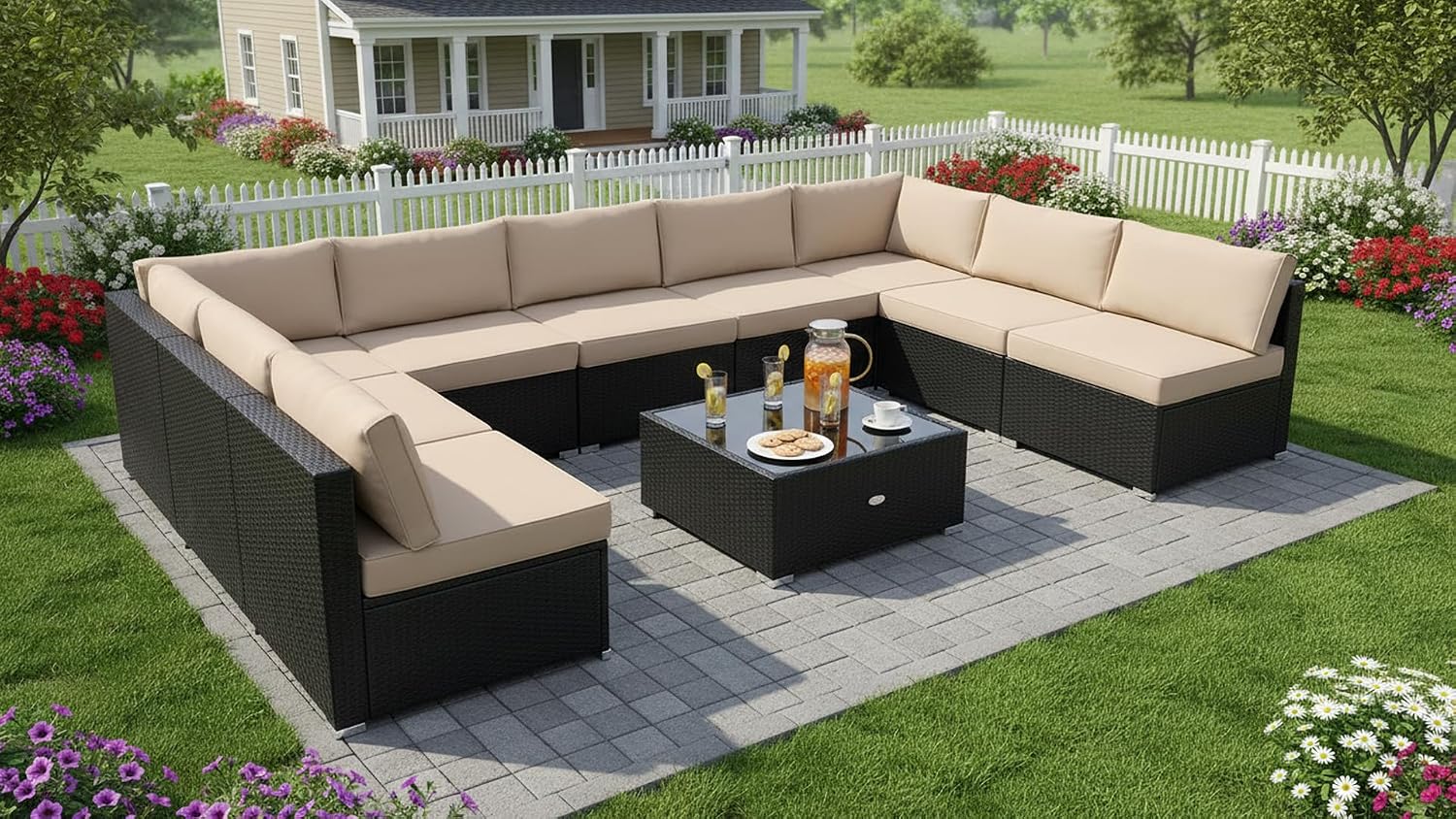 Tangkula 10 Pieces Patio Sofa Set, Outdoor Wicker Conversation Set with Soft Cushions, Tempered Glass Tabletop, Sofa Fastener Clips Included, Rattan Furniture Set for Backyard, Poolside (Beige)