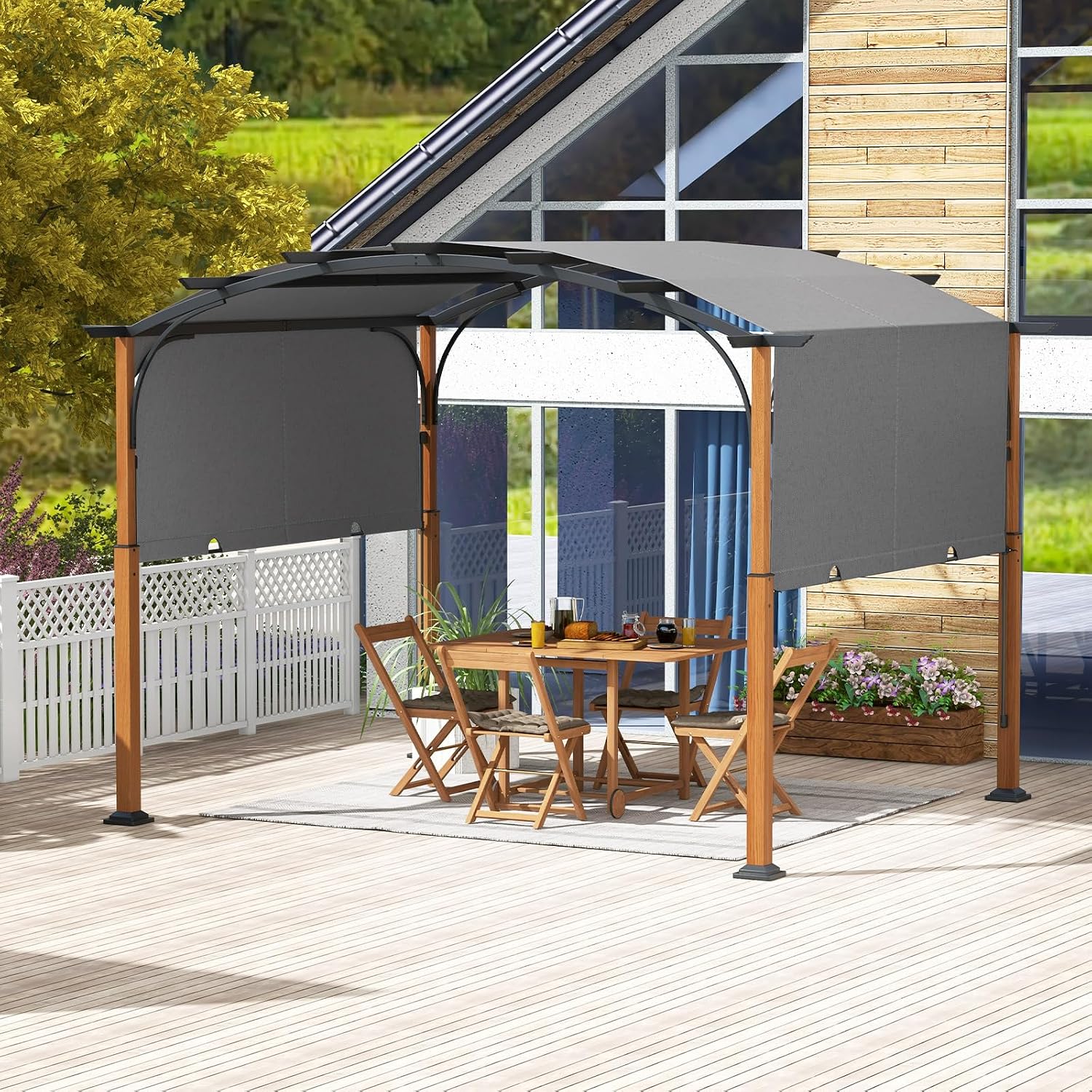 Tangkula 10x12Ft Pergola, Arched,with Retractable Sun Shade Canopy, Extra Large Patio Shelter Pavilion, Outdoor Pergola for Deck, Porch, Garden, Yard (Grey)
