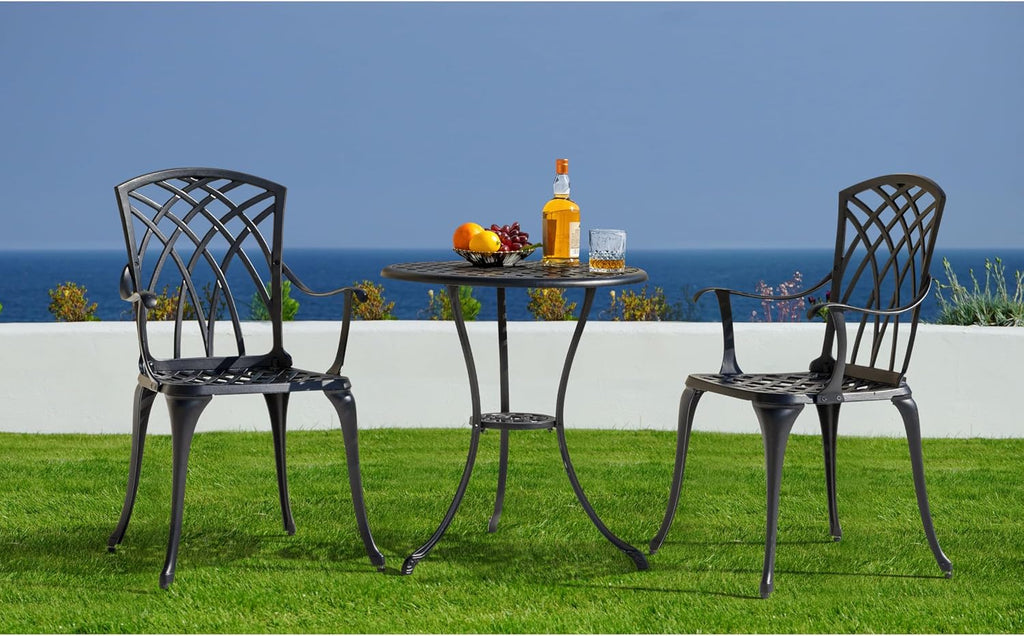NUU GARDEN 3 Piece Patio Bistro Set, Cast Aluminum Patio Bistro Table and Chairs Set of 2 with Umbrella Hole, Outdoor Bistro Set for Patio or Backyard, Black