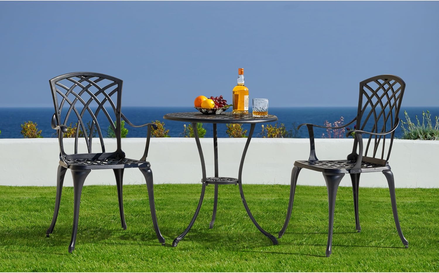 NUU GARDEN 3 Piece Patio Bistro Set, Cast Aluminum Patio Bistro Table and Chairs Set of 2 with Umbrella Hole, Outdoor Bistro Set for Patio or Backyard, Black