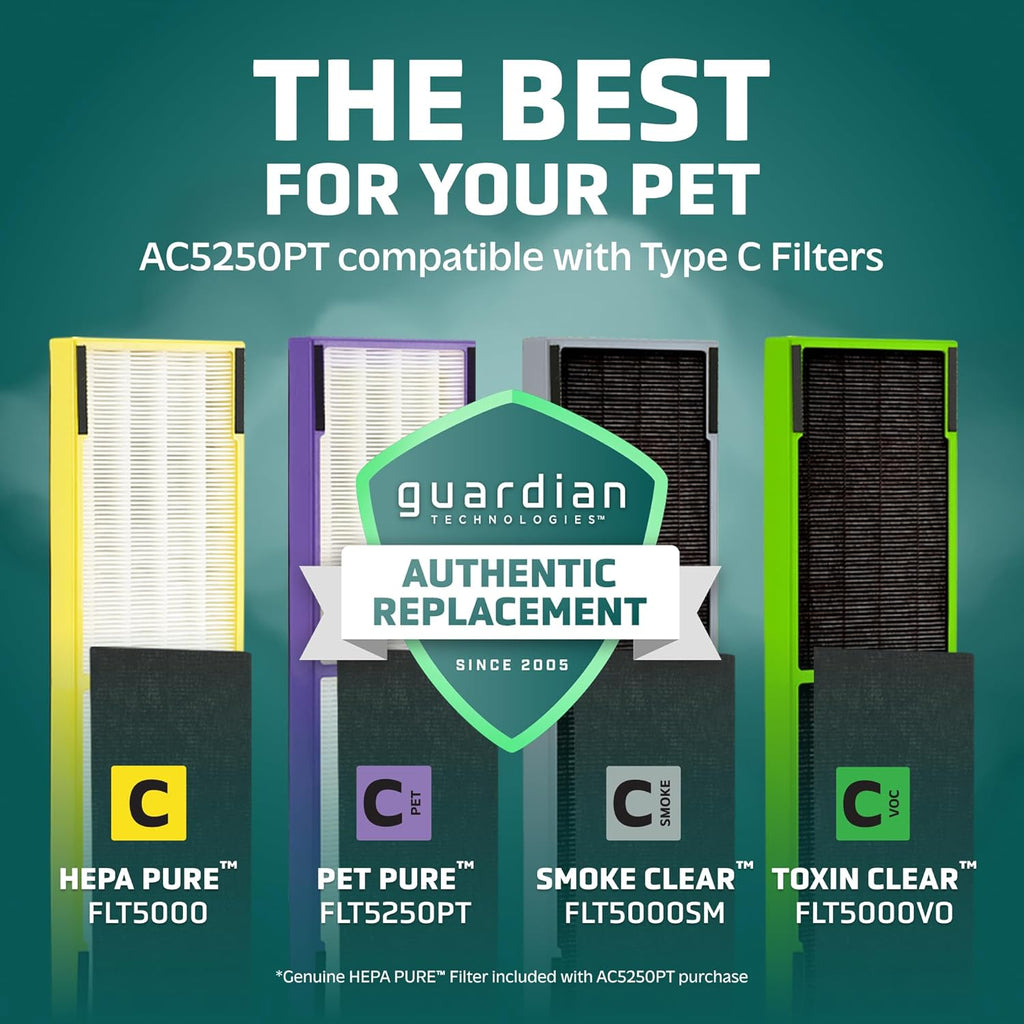 GermGuardian 5-In-1 HEPA Air Purifier for Home, Large Rooms Up To 915 Sq. Ft. with HEPA Pet Air Filter, UV-C Light & Odor Reduction, AC5250PT, 28' Tower, Gray