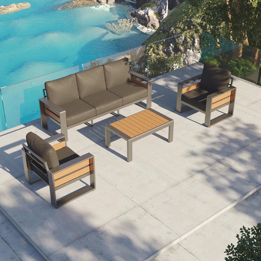 Aoxun Aluminum Patio Furniture Set, 5 Seats Sectional Metal Patio Furniture with Coffee Table, 6'' Thick Cushions and 3-Seat Sofa, Modern Outside Sectional Set for Backyard/Garden/Poolside, Dark Grey