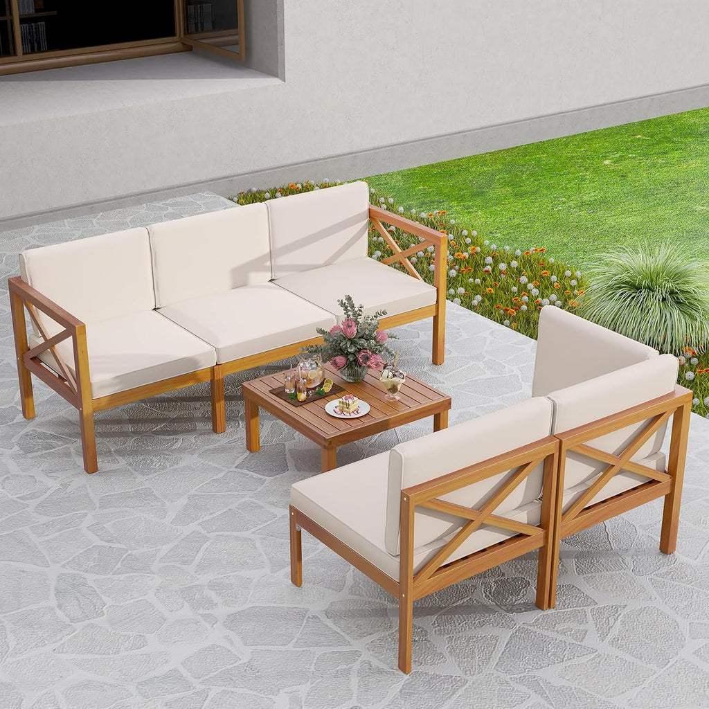 Tangkula 6 Pieces Acacia Wood Patio Furniture Set, Outdoor Sectional Conversation Set with Cushions and Coffee Table, L Shaped Corner Sofa Set for Garden, Porch, Poolside and Backyard (Off White)