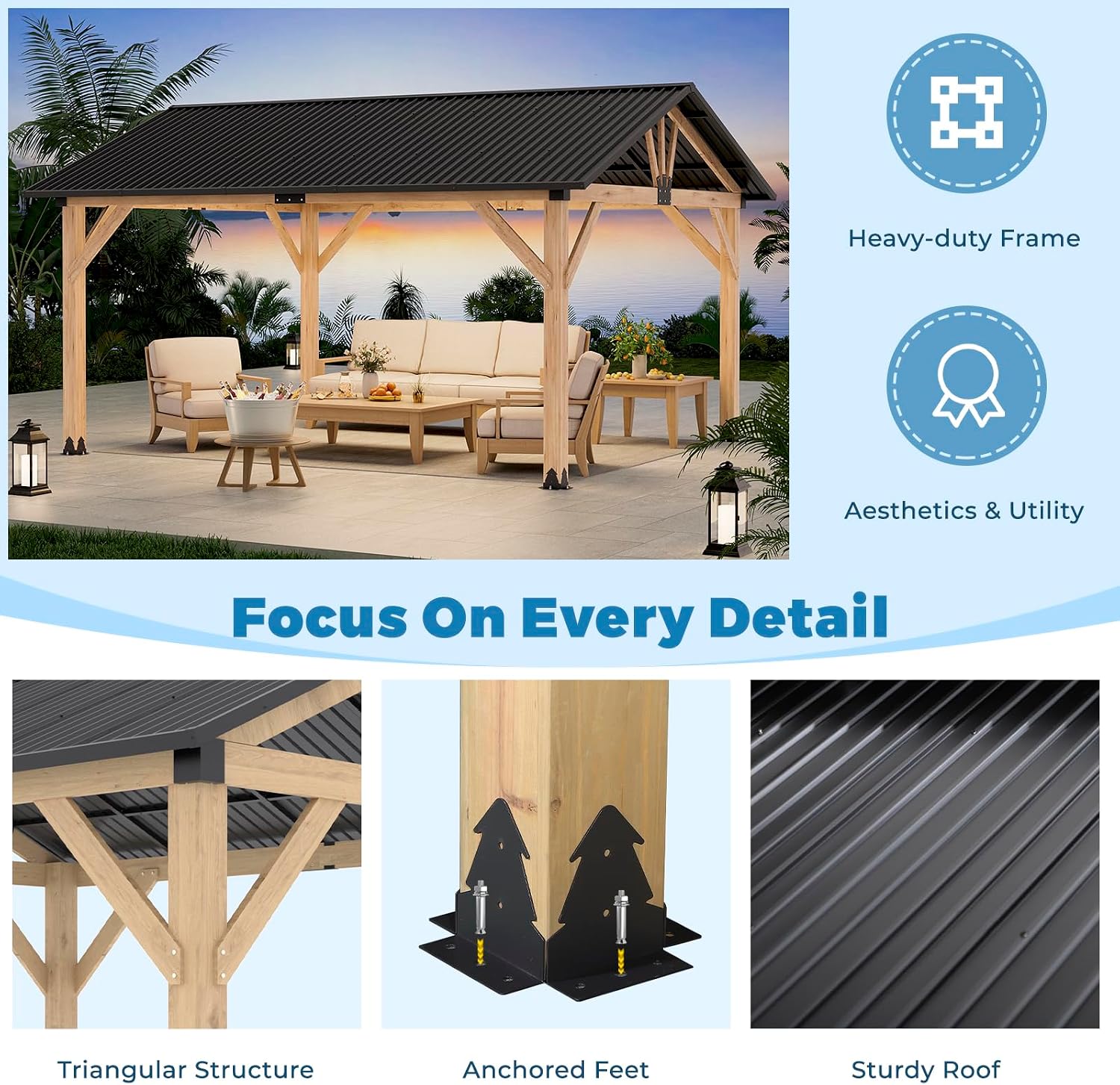 LVUYOYO 13' x 15' Wood Gazebo, Outdoor Hardtop Gazebo, Galvanized Steel Gable Roof Pergola, Outdoor Pavilion for Patio, Backyard, Garden, Deck