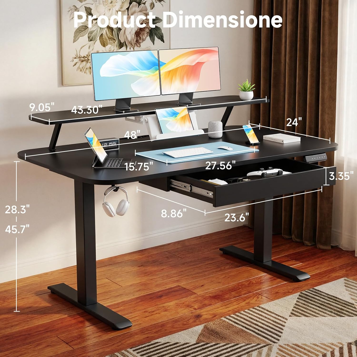 GTPLAYER Electric Standing Desk with Drawers, 48 x 24 Inches Height Adjustable Computer Desk with Monitor Stand, Laptop Stand, Home Office Sit Stand Up Desk with Memory Preset, Black