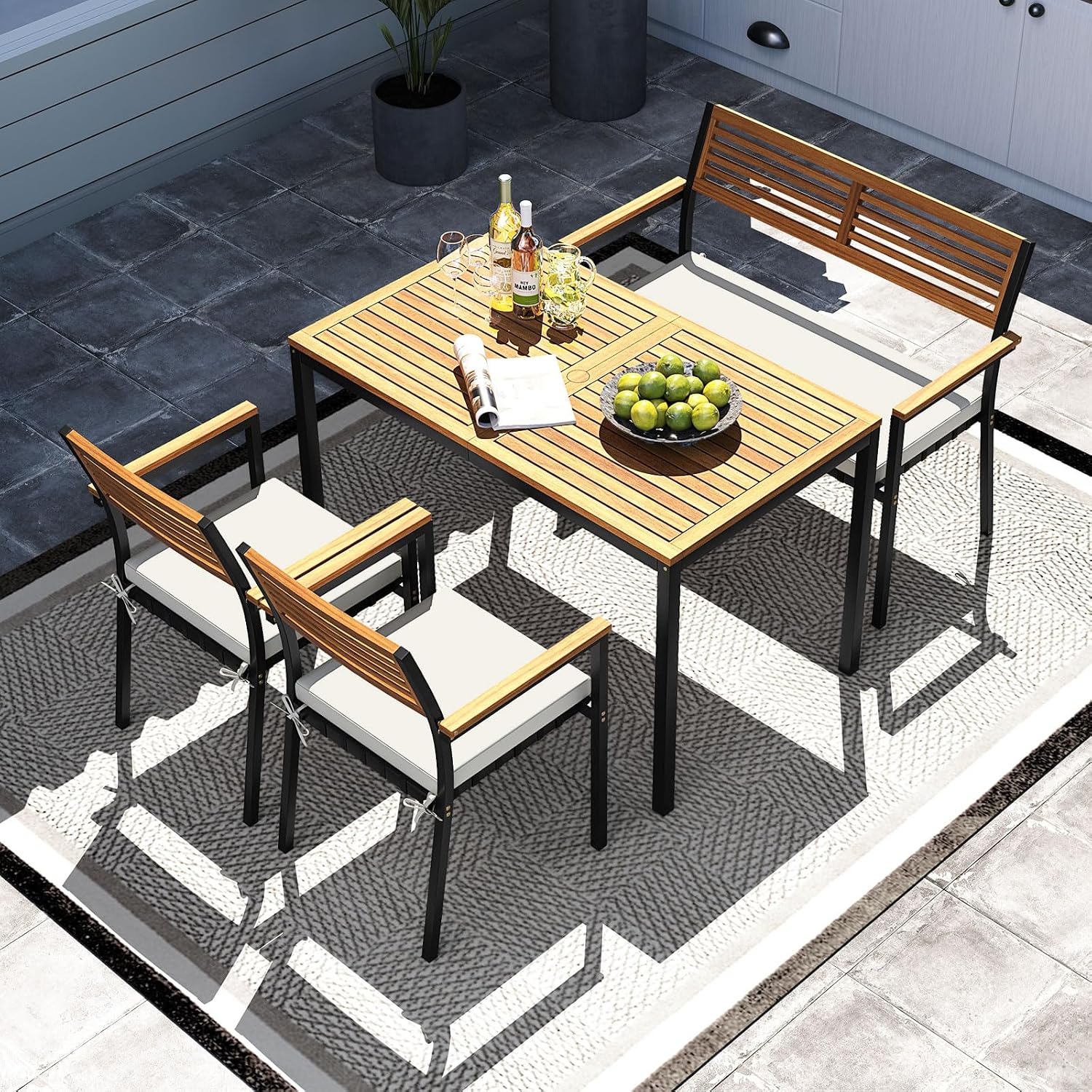 Tangkula 4 Piece Patio Dining Furniture Set, Outdoor Dining Chair Set for 4 w/Acacia Wood & Metal Frame, Umbrella Hole, 1 Table, 2 Armchairs, 1 Bench for Lawn, Garden, Backyard, Porch