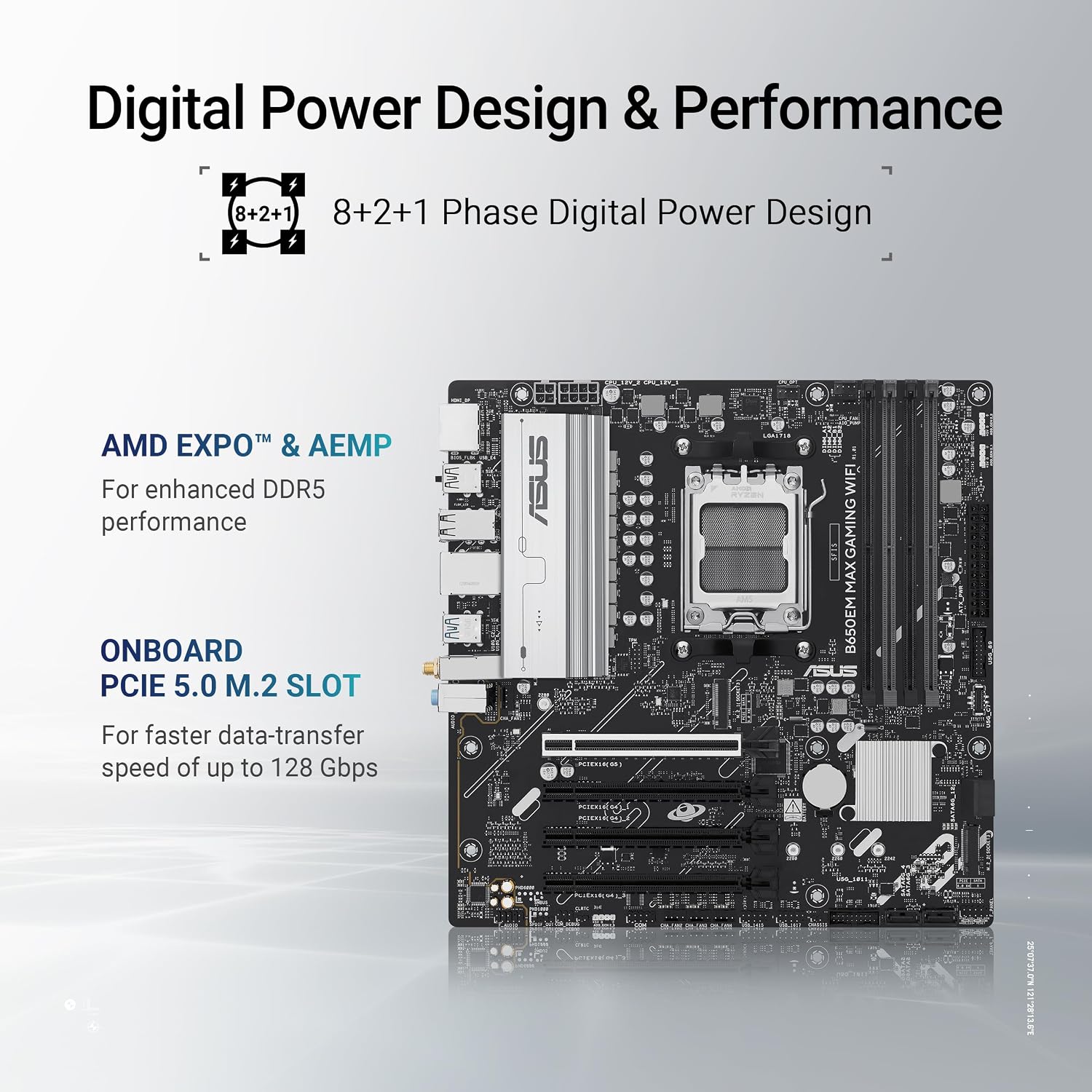 ASUS B650EM MAX Gaming WiFi AMD B650 mATX Motherboard, DDR5, PCIe 5.0 Ready, 3X M.2 Slots, WiFi6, 1Gb Ethernet, DisplayPort, HDMI, Rear USB 10Gbps Type-A & Type-C Ports, BIOS Flashback, Aura Sync