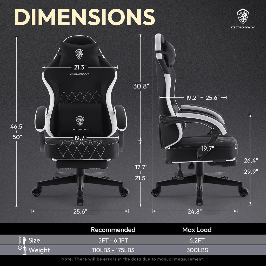 Dowinx Gaming Chair, Breathable Fabric Computer Chair with Pocket Spring Cushion, Ergonomic Massage Gamer chair with Lumbar Support and Footrest, Height Adjustable Office Game chairs for Adults, Black