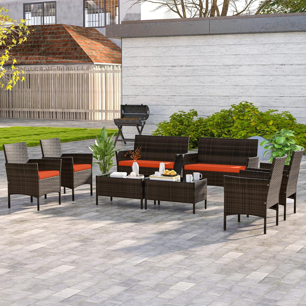 KOTEK 8 Piece Patio Furniture Set, Outdoor Rattan Conversation Set with Loveseat, Wicker Chairs, Tempered Glass Coffee Table, Wicker Patio Set for Backyard, Porch (Orange)