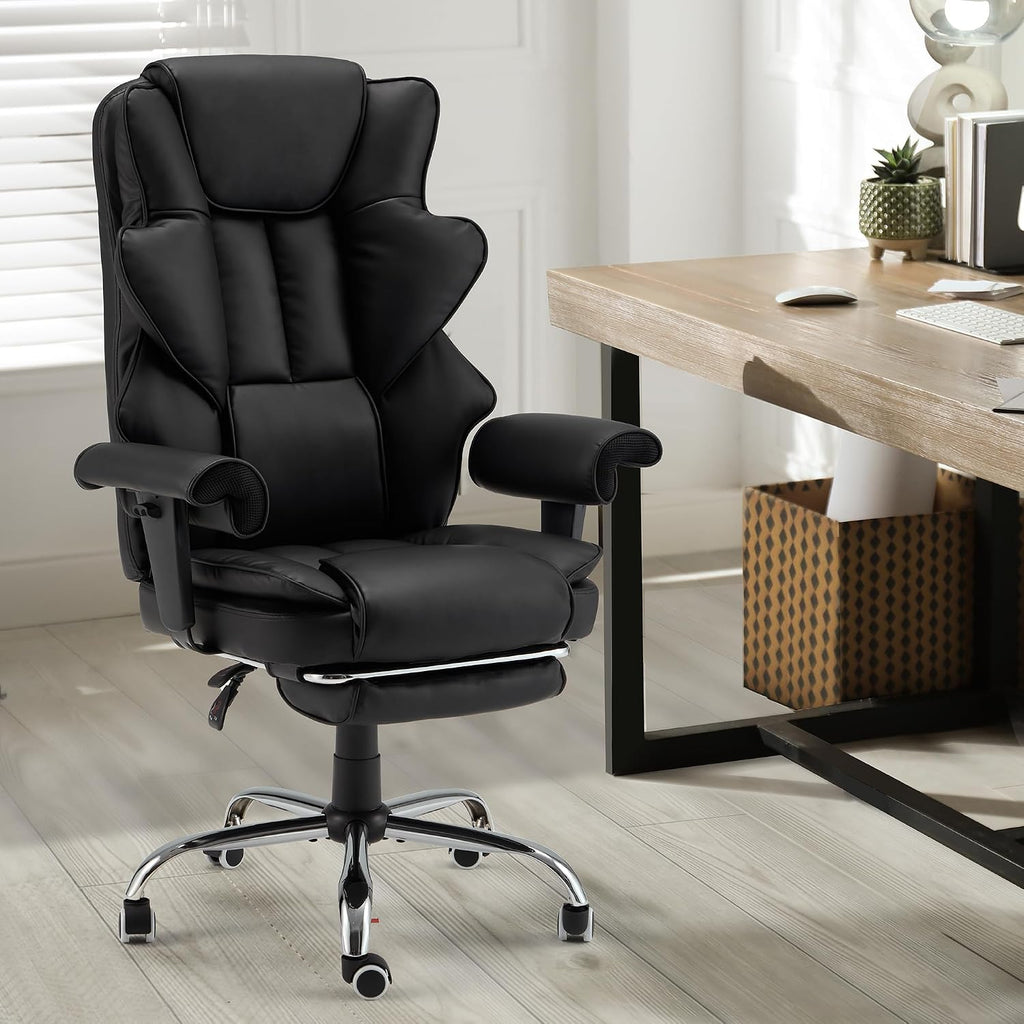 HOMREST 6-Point Massage Office Chair,Heating Executive Chairs,Ergonomic Home Office Desk Chairs with Retractable Footrest and Reclining Function,Leather Computer Chair with Adjustable Armrest(Black)