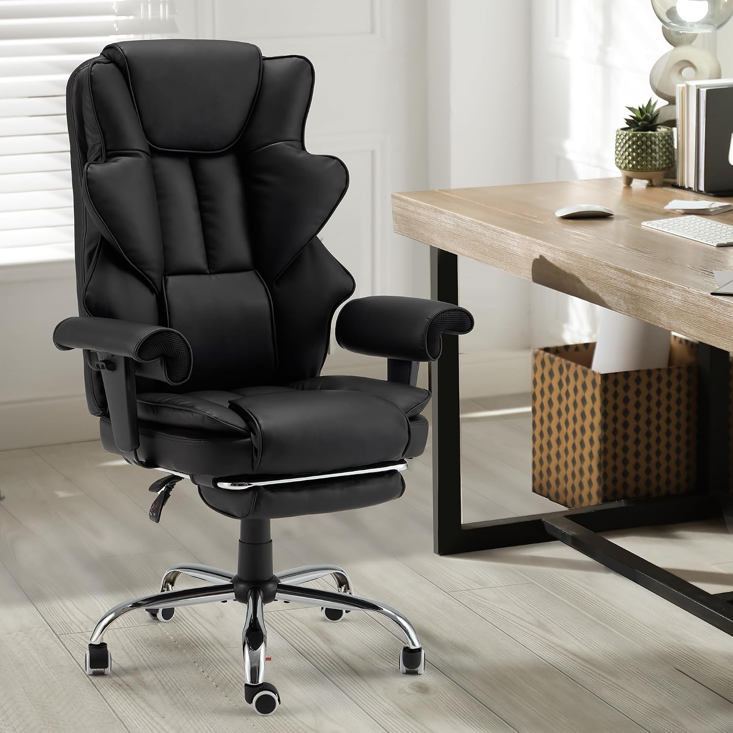HOMREST 6-Point Massage Office Chair,Heating Executive Chairs,Ergonomic Home Office Desk Chairs with Retractable Footrest and Reclining Function,Leather Computer Chair with Adjustable Armrest(Black)