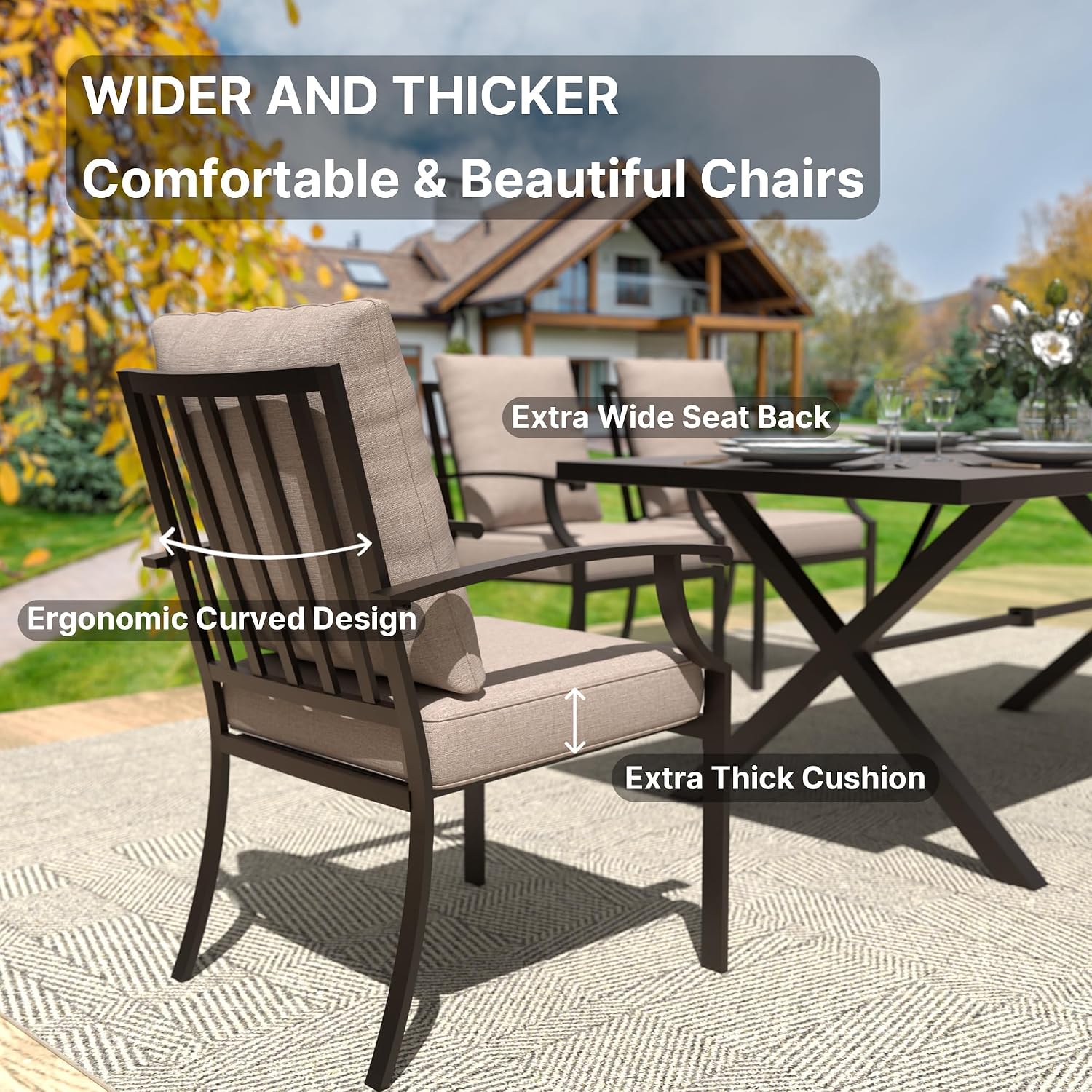 Gotland 7 Piece Outdoor Dining Set, Metal Outdoor Table and Chairs with X-Shaped Legs 1.5' Umbrella Hole, Patio Furniture Set with Waterproof Cushions, Patio Dining Sets for Backyard Deck Khaki