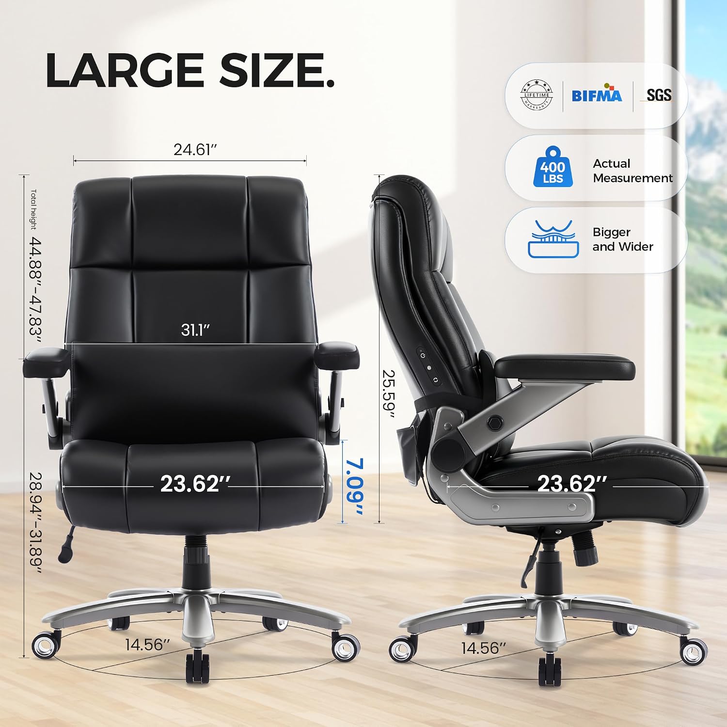 600LBS Big and Tall Massage Office Chair, Extra Wide Seat - 3D Kneading Massage & Heat Office Chair with Heavy Duty Metal Base, 3D Flip Arms, Leather Ergonomic with Thick Spring Cushion
