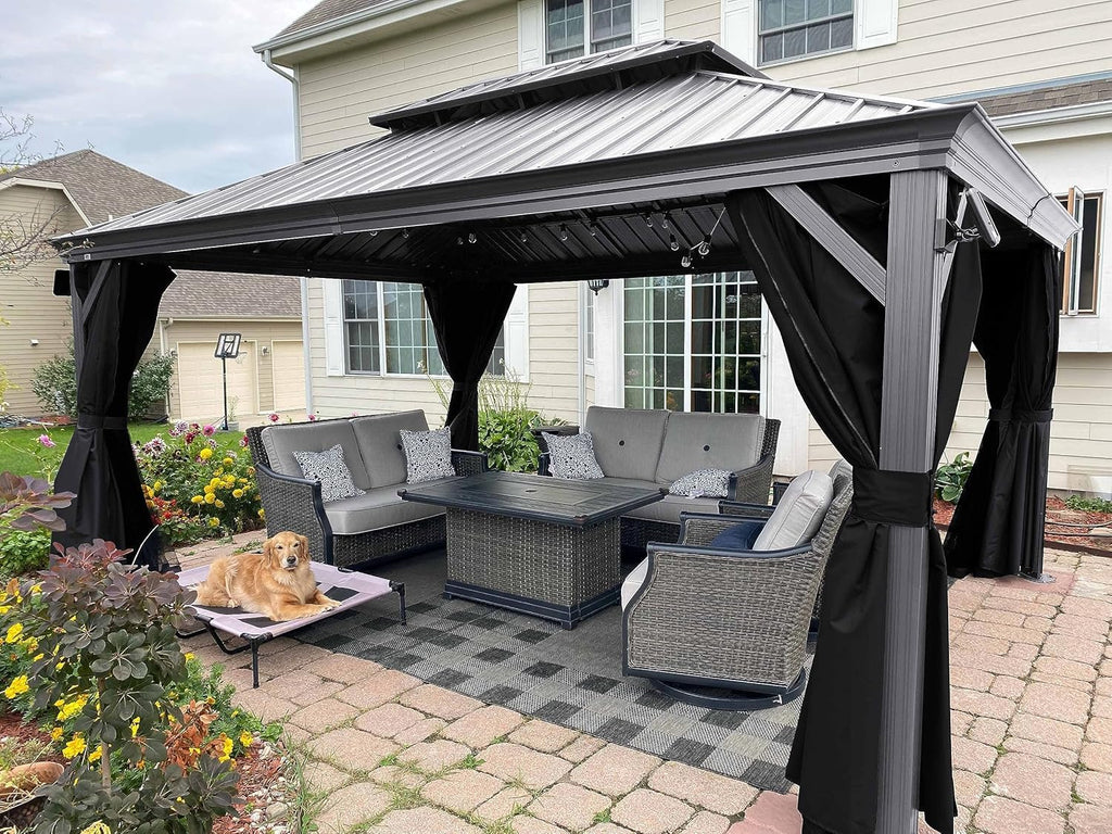 PURPLE LEAF 12' X 16' Hardtop Aluminum Gazebo with Netting and Curtains Heavy Duty Permanent Gazebo with Double Metal Roof for Patio Deck Lawn Garden All Weather Outdoor Pavilion Gazebos, Light Grey