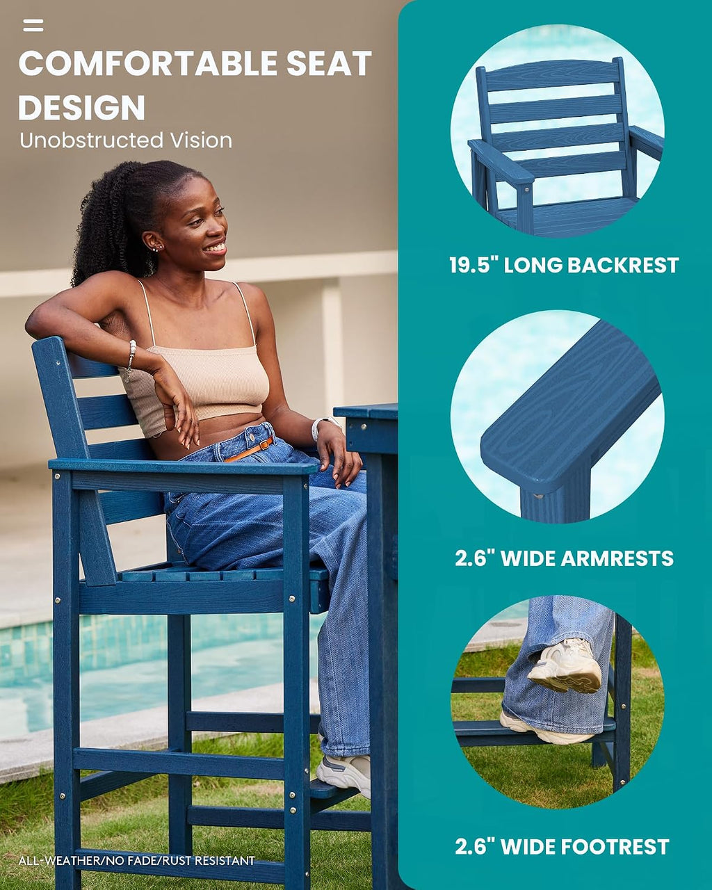 SERWALL Outdoor Bar Table and Chairs Set, Adirondack Bar Chairs Set of 2 and Bar Height Table, All Weather HDPE Patio Bar Set, Outdoor Furniture for Outside, Blue