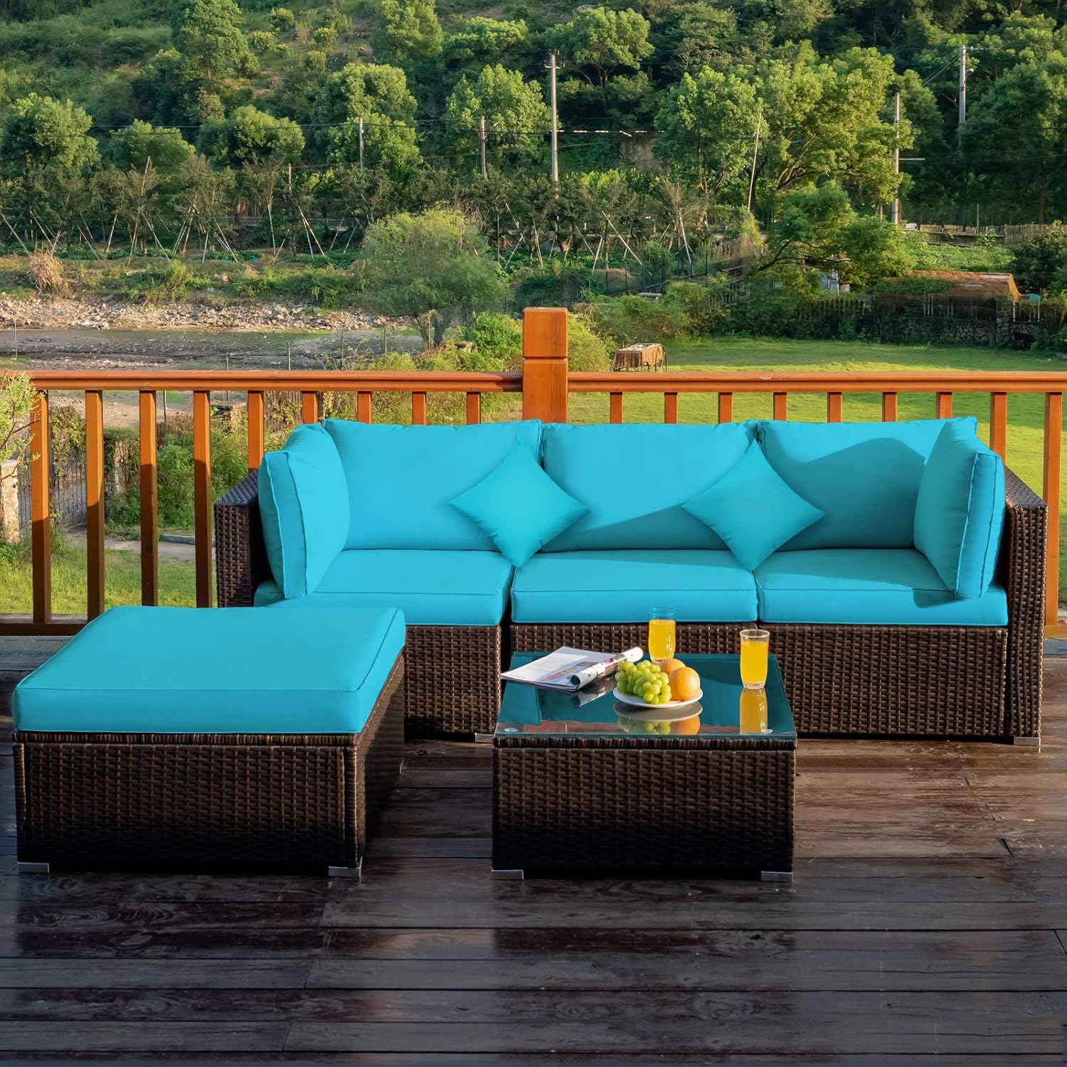 COSTWAY 5-Piece Outdoor Patio Furniture Set, Glass Top Coffee Table and Lounge Sofa with Cushions, PE Rattan Conversation Set for Garden, Deck, Backyard (Turquoise)
