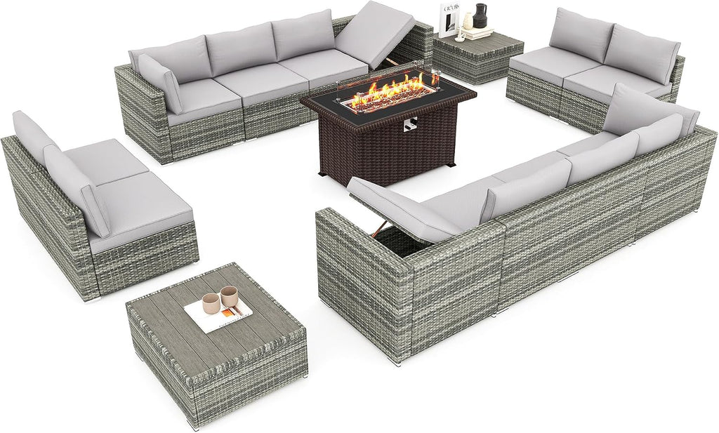 HOMREST 15 Pieces Outdoor Patio Furniture Set with 44' Propane Fire Pit Table, PE Rattan Sectional Sofa Conversation Set w/Adjustable Bracket, Wood Coffee Table for Backyard (Grey)
