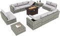 HOMREST 15 Pieces Outdoor Patio Furniture Set with 44' Propane Fire Pit Table, PE Rattan Sectional Sofa Conversation Set w/Adjustable Bracket, Wood Coffee Table for Backyard (Grey)