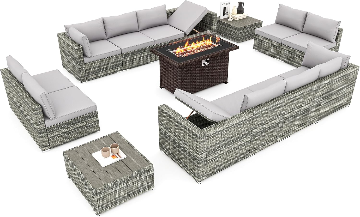 HOMREST 15 Pieces Outdoor Patio Furniture Set with 44' Propane Fire Pit Table, PE Rattan Sectional Sofa Conversation Set w/Adjustable Bracket, Wood Coffee Table for Backyard (Grey)
