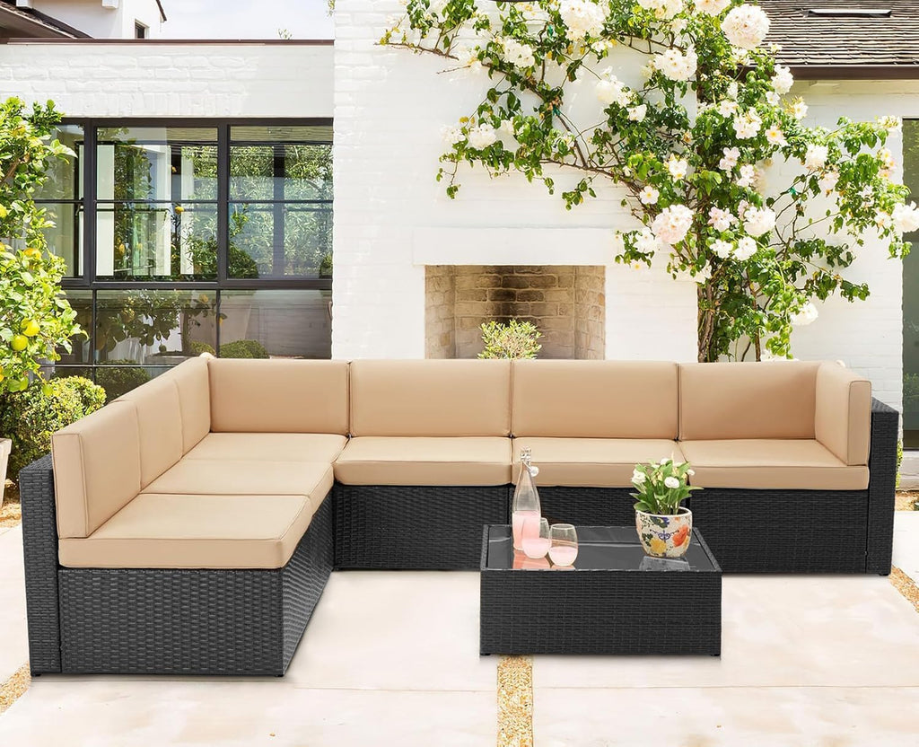 U-MAX 7 Piece Outdoor Patio Furniture Set, PE Rattan Patio Wicker Sectional Furniture Chair Set with Cushions and Tea Table, (Black Rattan&Beige Cushion with Cover)