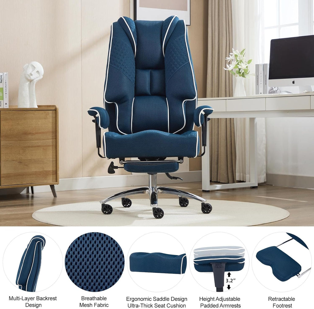 EXCEBET Big and Tall Office Chair 400lbs Wide Seat, Leather High Back Executive Office Chair with Lumbar Support, Ergonomic Chairs Padded Armrests & Thick Cushion (Mesh Blue)