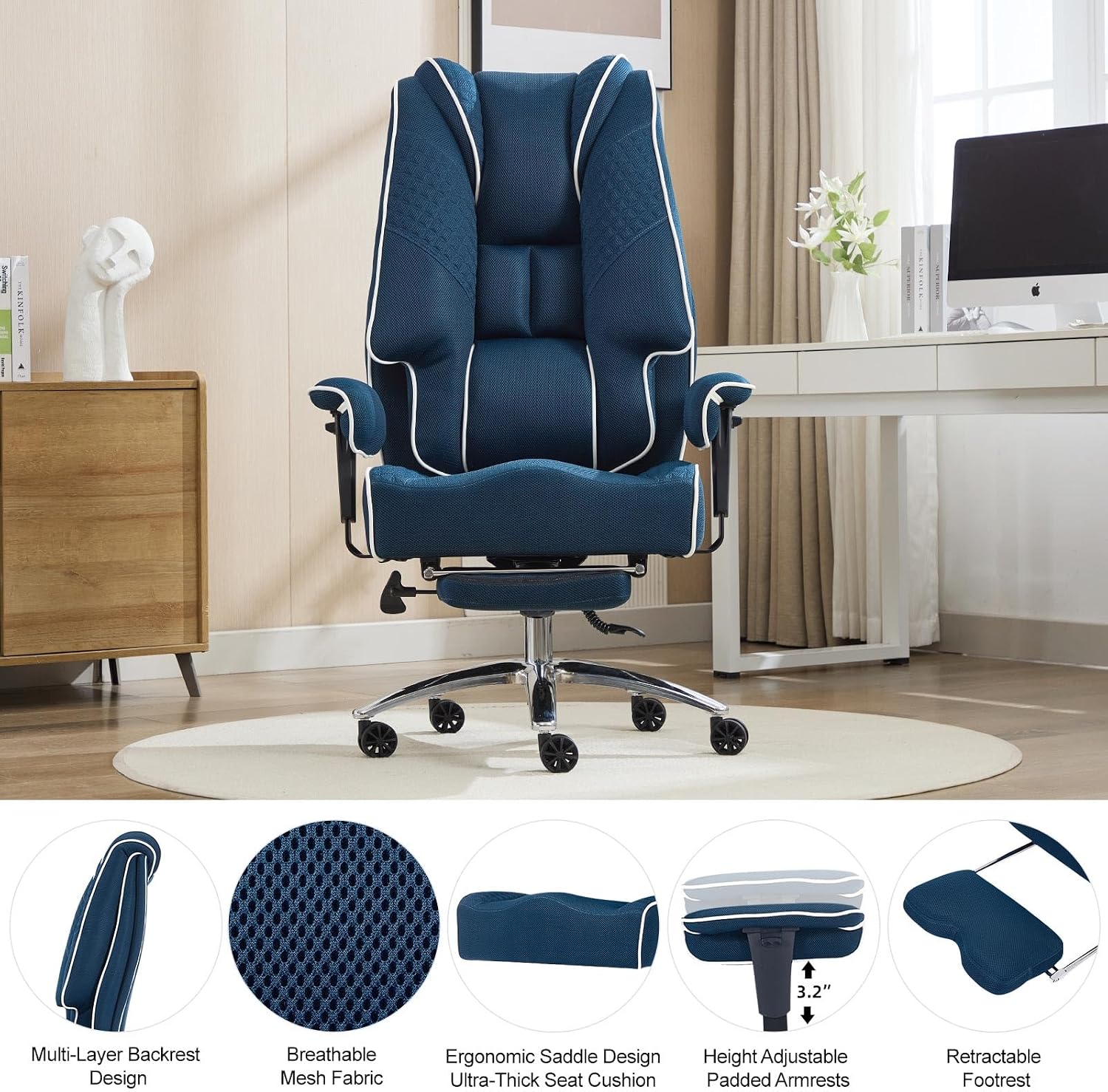 EXCEBET Big and Tall Office Chair 400lbs Wide Seat, Leather High Back Executive Office Chair with Lumbar Support, Ergonomic Chairs Padded Armrests & Thick Cushion (Mesh Blue)