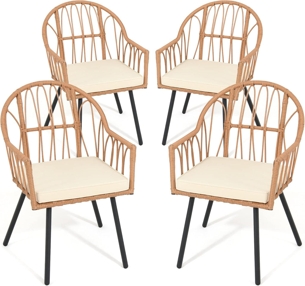 YITAHOME 4 Pieces Rattan Wicker Dinning Chairs, Outdoor Indoor Patio Furniture Set with Cushion and Curved Back All Weather Bistro Chair for Garden Backyard Porch Poolside Restaurant (Beige)