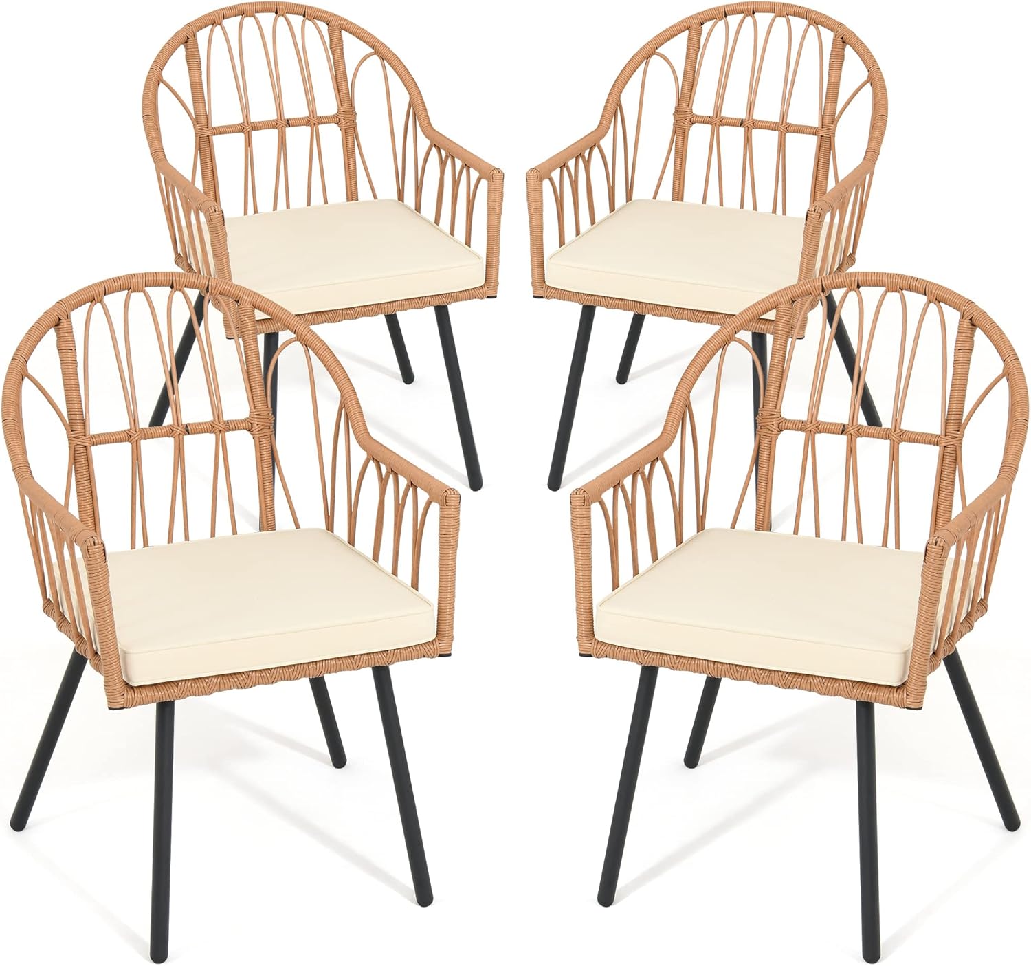 YITAHOME 4 Pieces Rattan Wicker Dinning Chairs, Outdoor Indoor Patio Furniture Set with Cushion and Curved Back All Weather Bistro Chair for Garden Backyard Porch Poolside Restaurant (Beige)