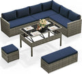 YITAHOME L-Shaped Patio Furniture Set, All Weather Wicker Outdoor Sectional Sofa Conversation Set with Dining Table and Ottoman, Navy Blue