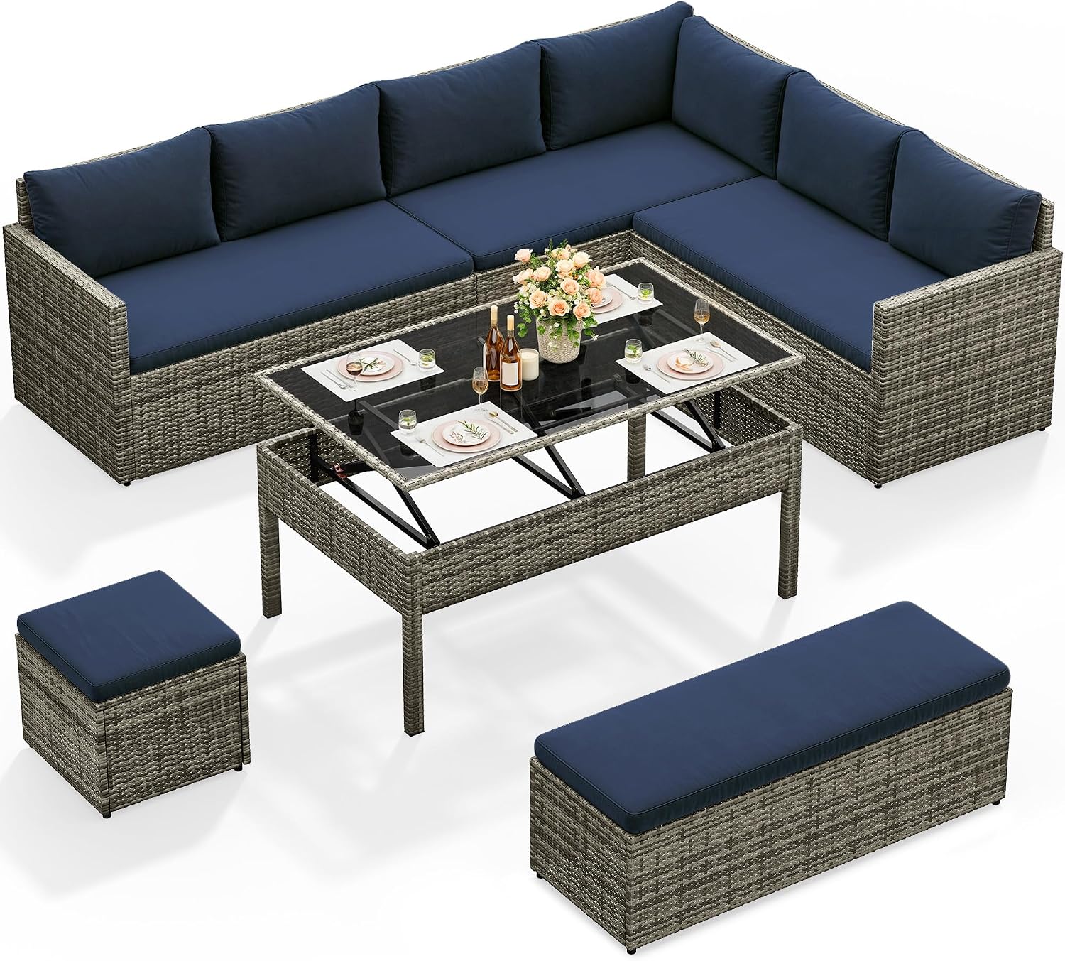 YITAHOME L-Shaped Patio Furniture Set, All Weather Wicker Outdoor Sectional Sofa Conversation Set with Dining Table and Ottoman, Navy Blue