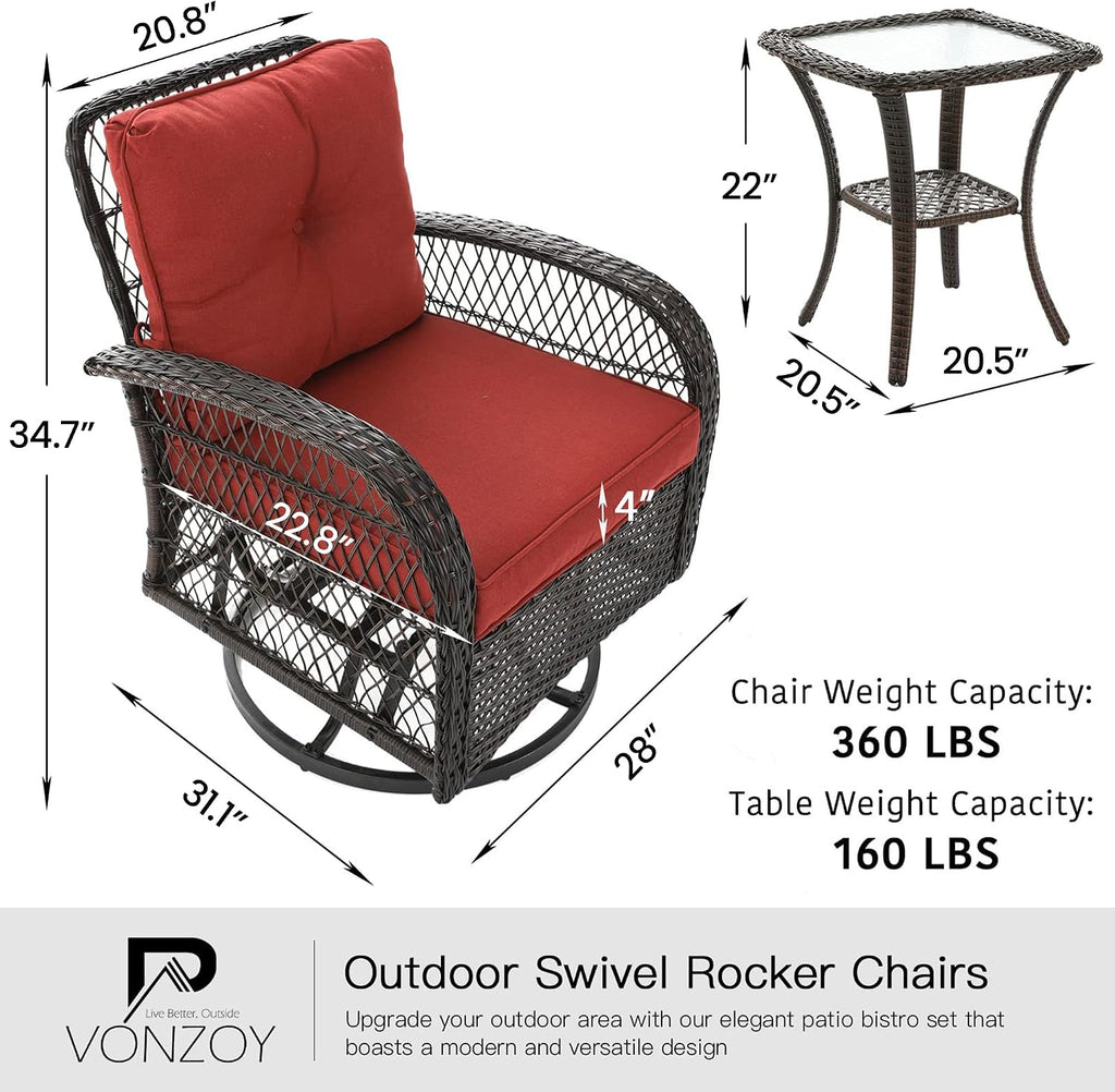 3 Pieces Patio Furniture Set, Outdoor Swivel Glider Rocker, Wicker Patio Bistro Set with Rocking Chair, Thickened Cushions and Table for Porch (Red)