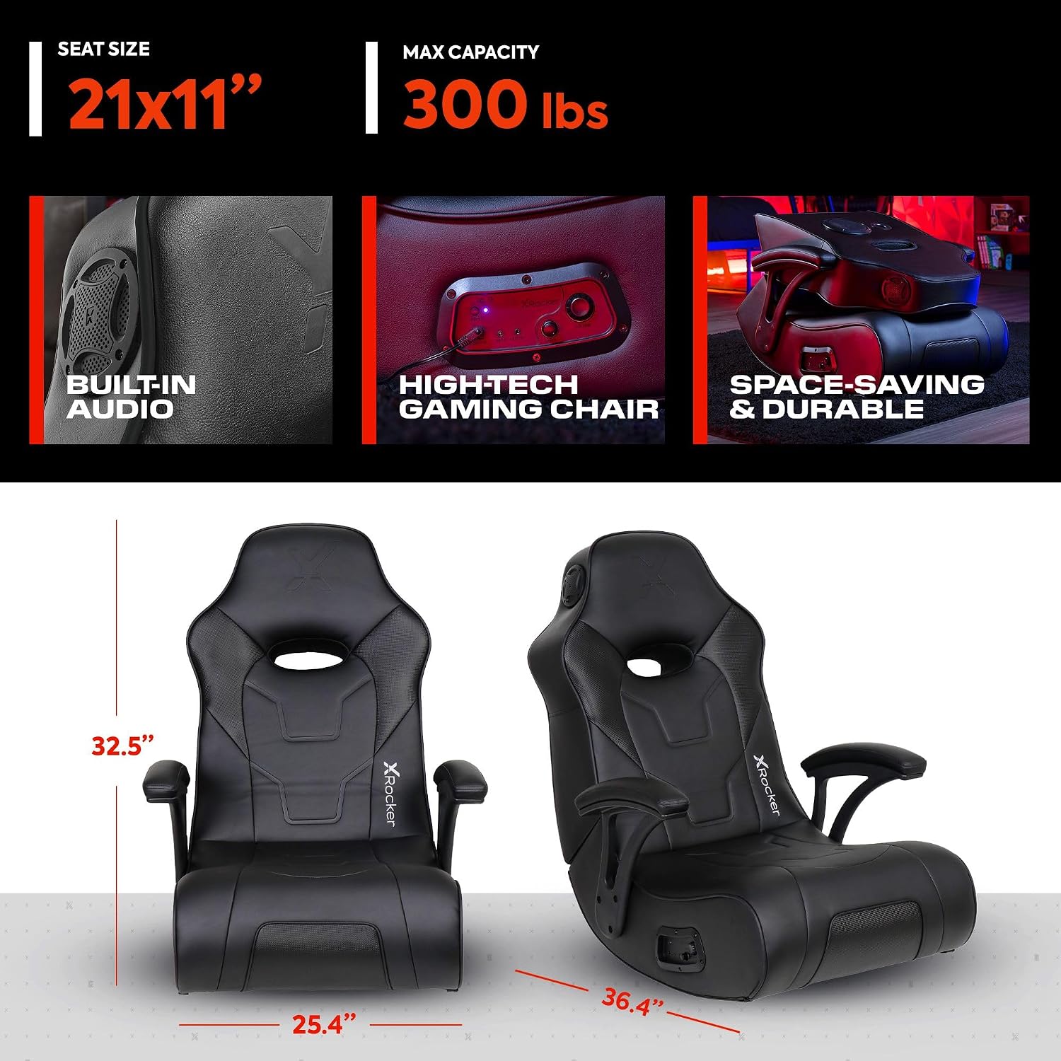 X Rocker Video Gaming Floor Rocker Chair, Built-in Audio, College Dorm Essentials for Guys and Girls, Bedroom, Foldable, Gifts for Gamers
