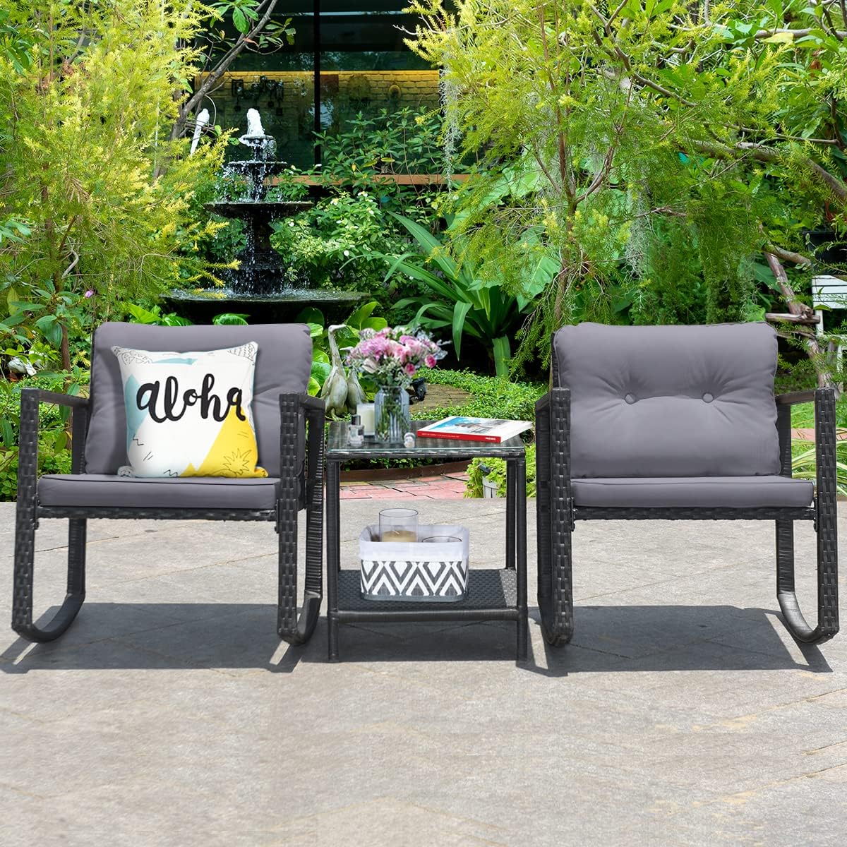 COSTWAY 3 Pieces Patio Rattan Rocking Chair Set, Outdoor Conversation Furniture Sets with Coffee Table, Storage Shelf and Cushions, Modern Bistro Set for Porch, Backyard, Garden, Gray